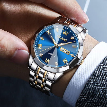 OLEVS Men Watches Business Dress Diamond Analog Quartz Date Luxury Wrist Watch Blue Casual Stainless Steel Waterproof Luminous Two Tone Watch for Men