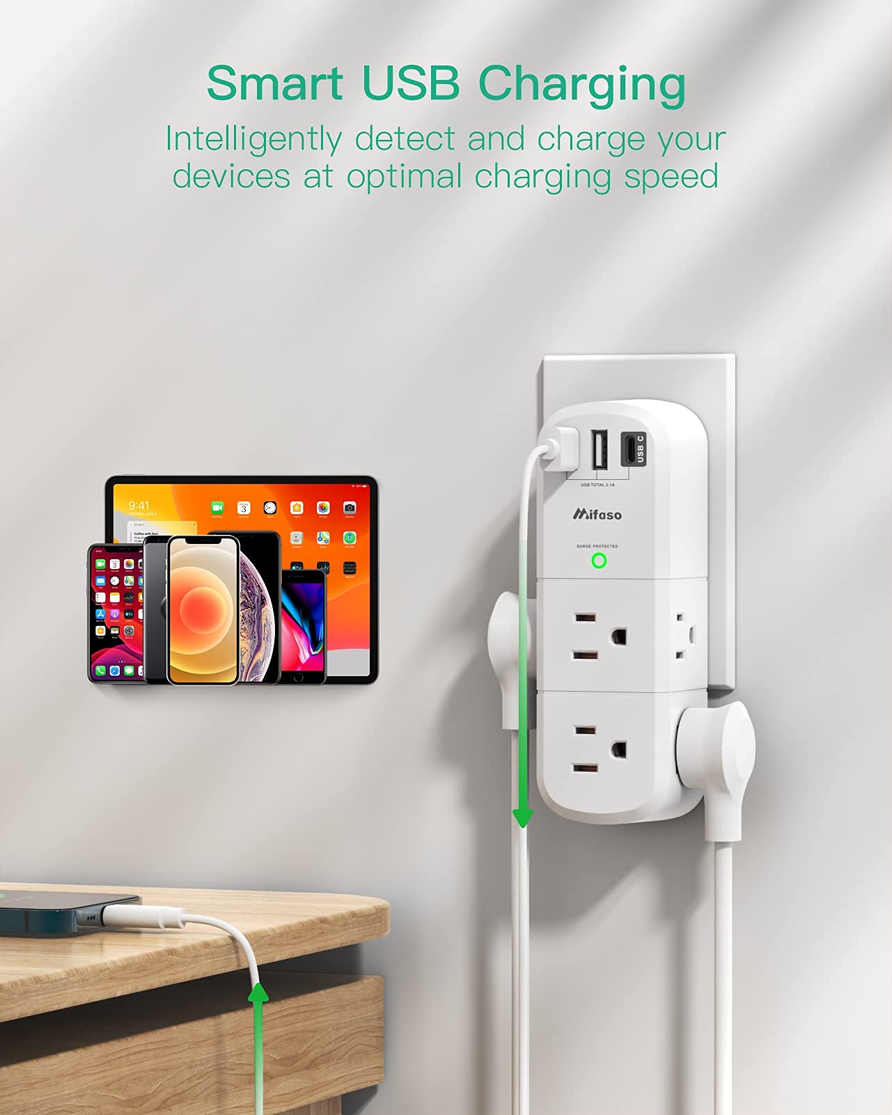 USB Outlet Extender Surge Protector - with Rotating Plug, 6 AC Multi Plug and 3 Ports (1 C), 1800 Joules, 3-Sided Swivel Power Strip Spaced Splitter for Home, Office, Travel