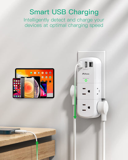 USB Outlet Extender Surge Protector - with Rotating Plug, 6 AC Multi Plug and 3 Ports (1 C), 1800 Joules, 3-Sided Swivel Power Strip Spaced Splitter for Home, Office, Travel