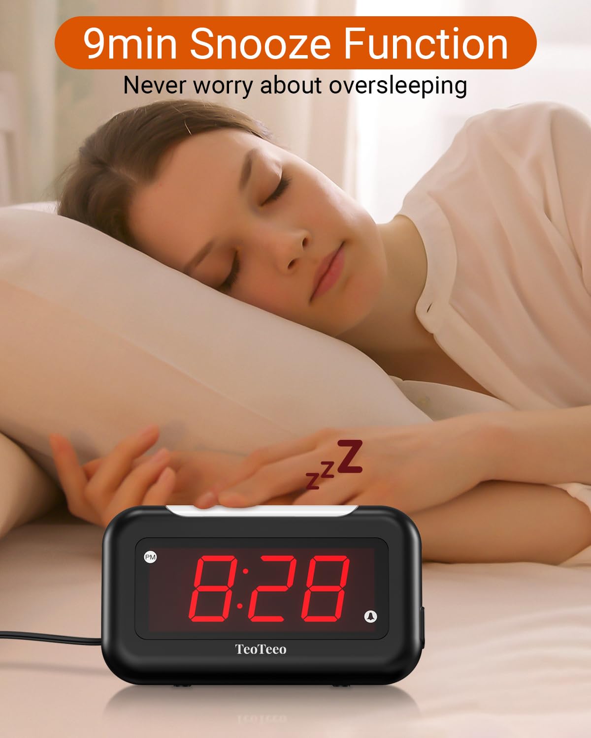 TeoTeeo Alarm Clock with Red Digits,3 Level NightLight Alarm Clocks for Bedrooms,Plug in Digital Clock with USB Charging Port,Adjustable Volume,Dimmable,Snooze,Alarm Clock for Kids