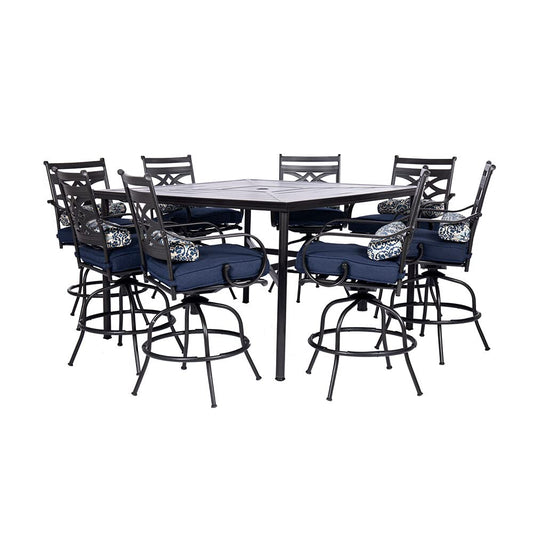 Hanover Montclair 9-Piece Outdoor Dining Set, 8 Swivel Counter-Height Chairs with Comfortable Seat and Lumbar Cushions, 60" Square Stamped Rectangle Table, All-Weather Outdoor Patio Dining Set for 8