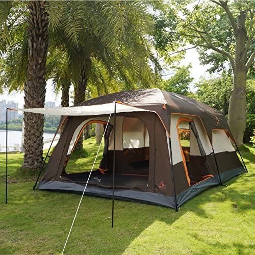 KTT Extra Large Tent 10-12 Person(B), Cabin Tents with 2 Rooms, Straight Wall, 3 Doors and 3 Windows with Mesh, Waterproof, Double Layer - Big for Outdoor Camping, Picnic, Family Gathering (Brown).