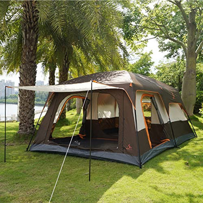 KTT Extra Large Tent 10-12 Person(B), Cabin Tents with 2 Rooms, Straight Wall, 3 Doors and 3 Windows with Mesh, Waterproof, Double Layer - Big for Outdoor Camping, Picnic, Family Gathering (Brown).