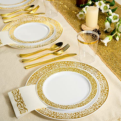 175 Piece Gold Dinnerware Set 25 Guest-50 Gold Lace Plastic Plates-25 Gold Plastic Silverware-25 Gold Plastic Cups-25 Linen Like Gold Paper Napkins, FOCUSLINE Disposable Dinnerware Set
