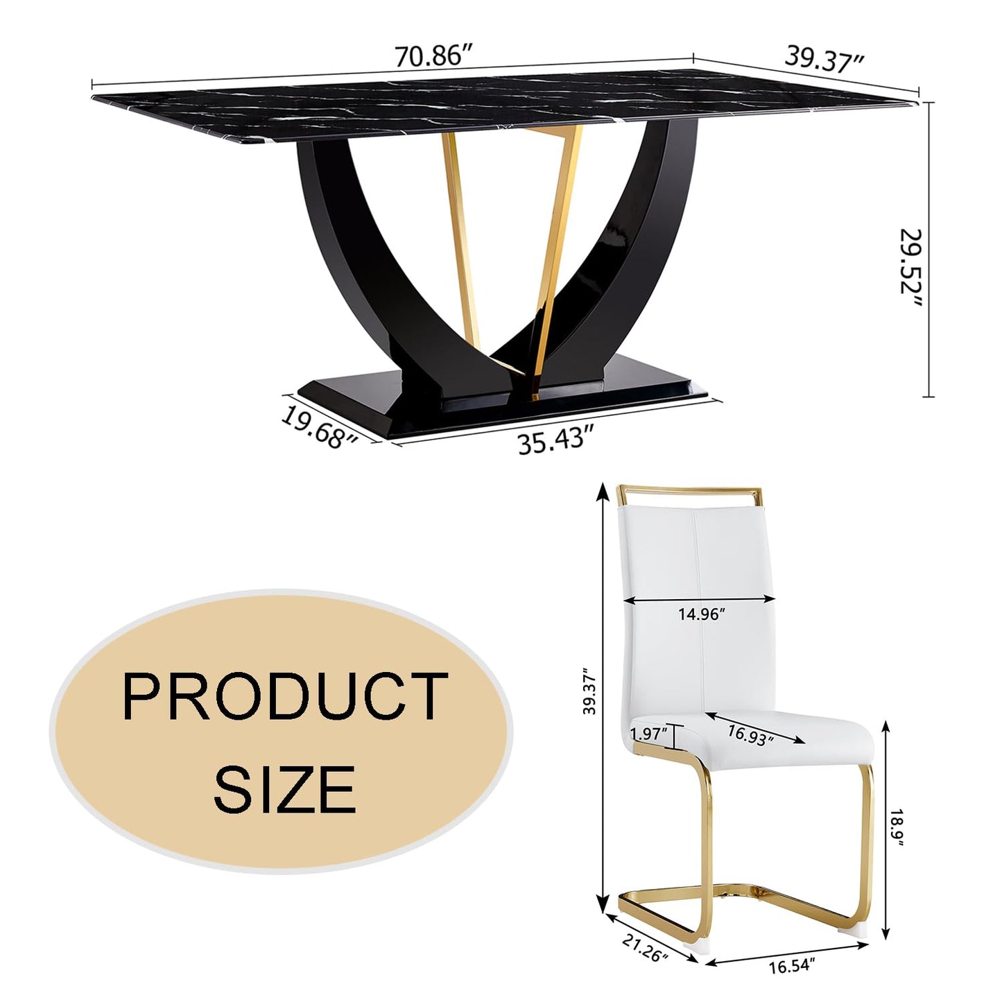 JUFU 71" Modern Dining Room Table Set for 6, Black Marble Faux Kichen Table Set with U-Shaped Base，Luxurious Rectangular Diner Table ANG Leather Dining Chairs with Golden Legs