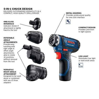 Bosch GSR12V-140FCB22 Cordless Electric Screwdriver 12V Kit - 5-In-1 Multi-Head Power Drill Set