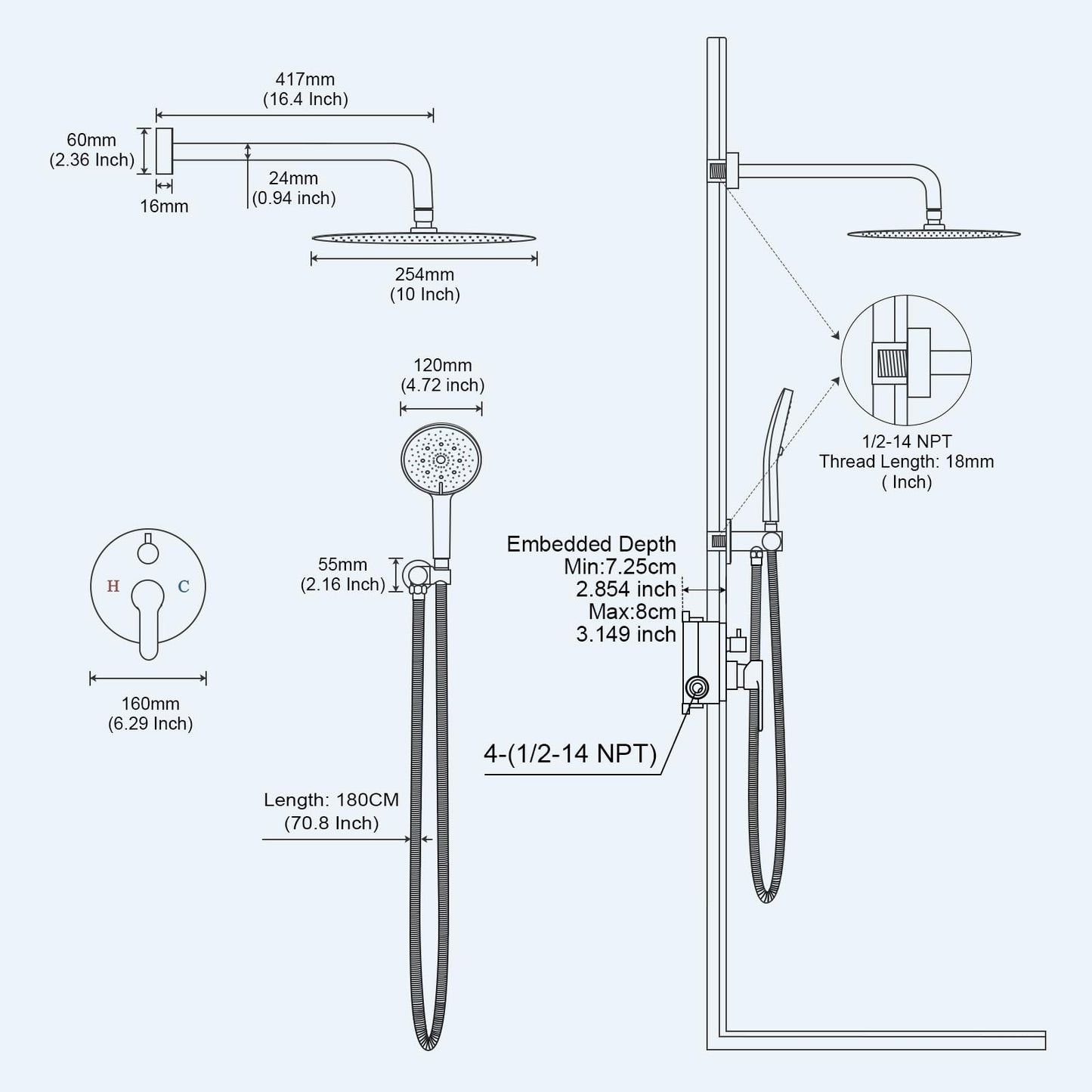 Baetuy 10 Inch Shower Faucet Set, High Pressure Shower Head and Handheld 3 Jet Combo Kit, Bathroom Wall Mount Rain Shower System, Includes Valve and Bathroom Trim Kit, Brushed Nickel…