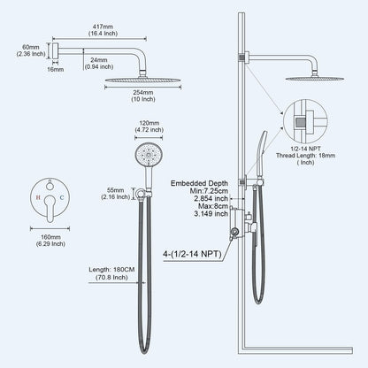 Baetuy 10 Inch Shower Faucet Set, High Pressure Shower Head and Handheld 3 Jet Combo Kit, Bathroom Wall Mount Rain Shower System, Includes Valve and Bathroom Trim Kit, Brushed Nickel…