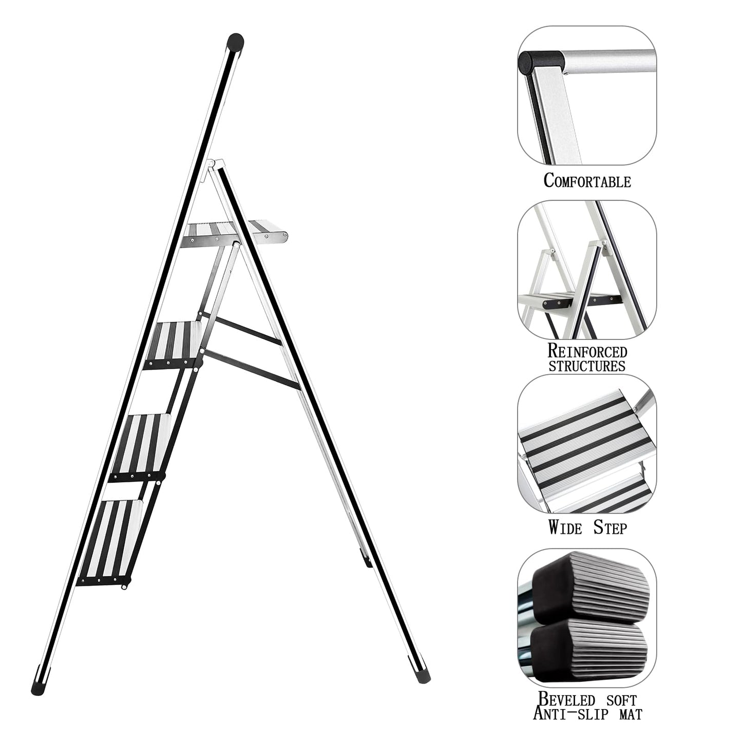 4 Step Ladder 4 Step Folding Step Stool with Handrails Wide Work Platform, Aluminum A Frame Ladder, 7KG Portable Ladder, Lightweight Ladder for Kitchen Home Work Library House Indoor