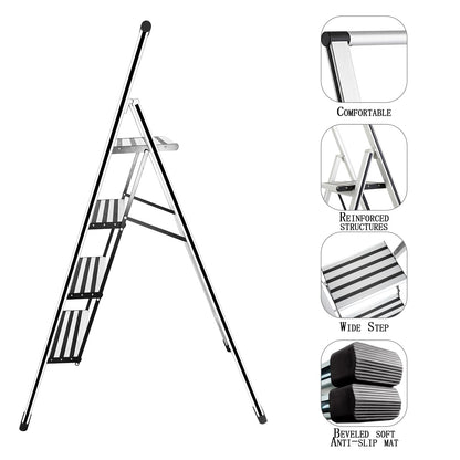 4 Step Ladder 4 Step Folding Step Stool with Handrails Wide Work Platform, Aluminum A Frame Ladder, 7KG Portable Ladder, Lightweight Ladder for Kitchen Home Work Library House Indoor