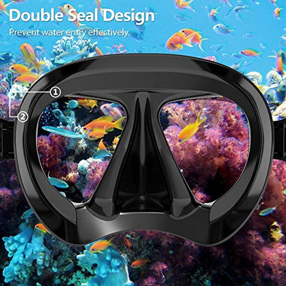 Snorkel Diving Mask Panoramic HD Swim Mask, Anti-Fog Scuba Diving Goggles,Tempered Glass Dive Mask Adult Youth Swim Goggles with Nose Cover for Diving, Snorkeling, Swimming (A-Black Red)