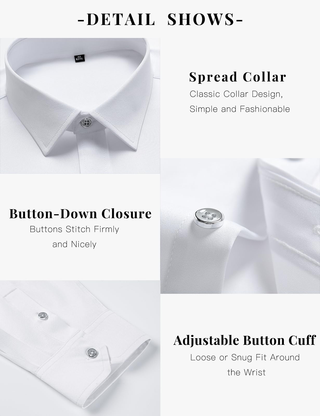 Tapata Men's Dress Shirts Stretch Long Sleeve Solid Formal Business Casual Button Down Regular Fit, White, Small