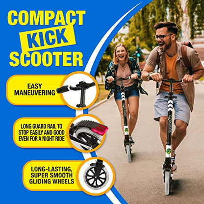 SereneLife Foldable Kick Scooter - Stand Kick Scooter for Teens & Adults with Rubber Grip at Tip, Alloy Deck, Adjustable T-Bar Handlebar Height, Smooth Gliding Wheels, Easy Maneuvering (Black & White)