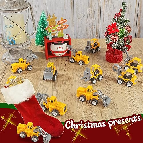 3 otters 12PCS Mini Construction Vehicles, Pull Back Engineering Vehicles Construction Trucks for Kids Birthday Bag Stuffers Cake Topper Valentine Classroom Exchange Gifts
