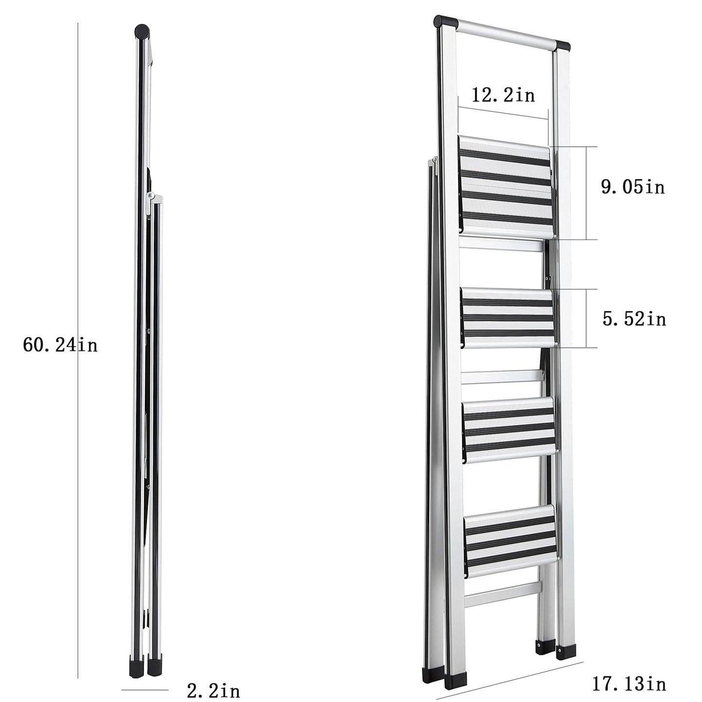 4 Step Ladder 4 Step Folding Step Stool with Handrails Wide Work Platform, Aluminum A Frame Ladder, 7KG Portable Ladder, Lightweight Ladder for Kitchen Home Work Library House Indoor