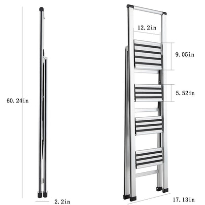 4 Step Ladder 4 Step Folding Step Stool with Handrails Wide Work Platform, Aluminum A Frame Ladder, 7KG Portable Ladder, Lightweight Ladder for Kitchen Home Work Library House Indoor