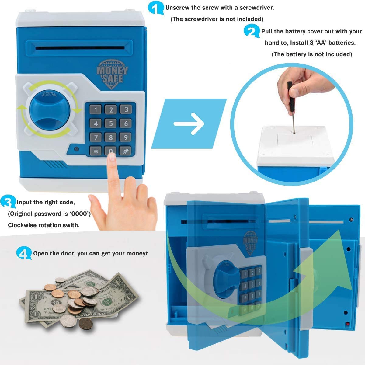 Qwifyu Piggy Bank for Boys Girls, 4 5 6 7 8 9 10 Year Old Girl Boy Birthday Gift Ideas, Electronic Password Money Saving Box ATM, Great Gift Safe Bank Toys for Kids (Blue White)