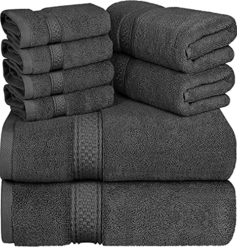 Asiatique Linen – Premium 650 GSM Luxury 8 Piece Grey Bath Towels Set – 100% Ring Spun Cotton Towels for Bathroom – 2 Bath Towels, 2 Hand Towels, and 4 Washcloths – Ideal for Home, Spa & Hotel
