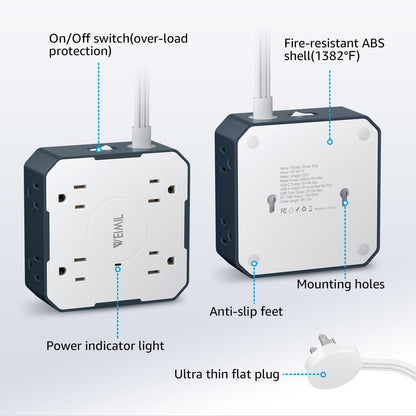 Flat Plug Power Strip, WEIMIL 5Ft Ultra Thin Flat Extension Cord, 8 Widely Outlets, 3 USB Ports(1 USB C), Wall Mount, Compact Power Strip Surge Protector for Travel Home Office Dorm Room