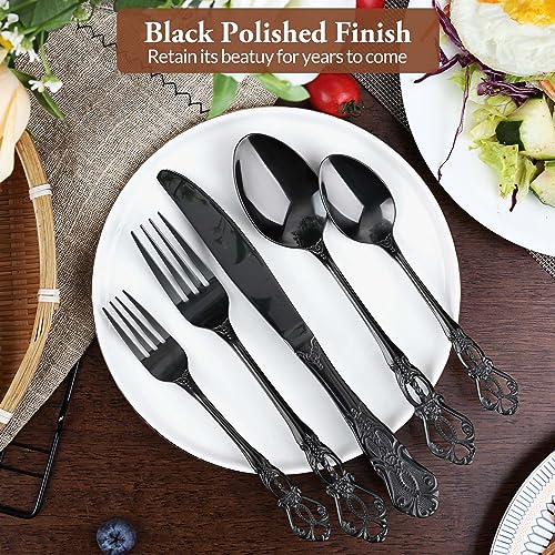 PUREAIN Black Silverware Set, 30 Pieces Retro Royal Silverware Set for 6, Anti-rust Stainless Steel Flatware Set Including Fork Spoon and Knife, Dishwasher Safe