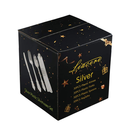 Liacere 30 Pack Silver Plastic Silverware Set with Pre Rolled Napkins - Heavy Duty Disposable Silver Plastic Utensils - Include 90PCS Silver Plastic Cutlery, 30Napkins for Wedding & Party