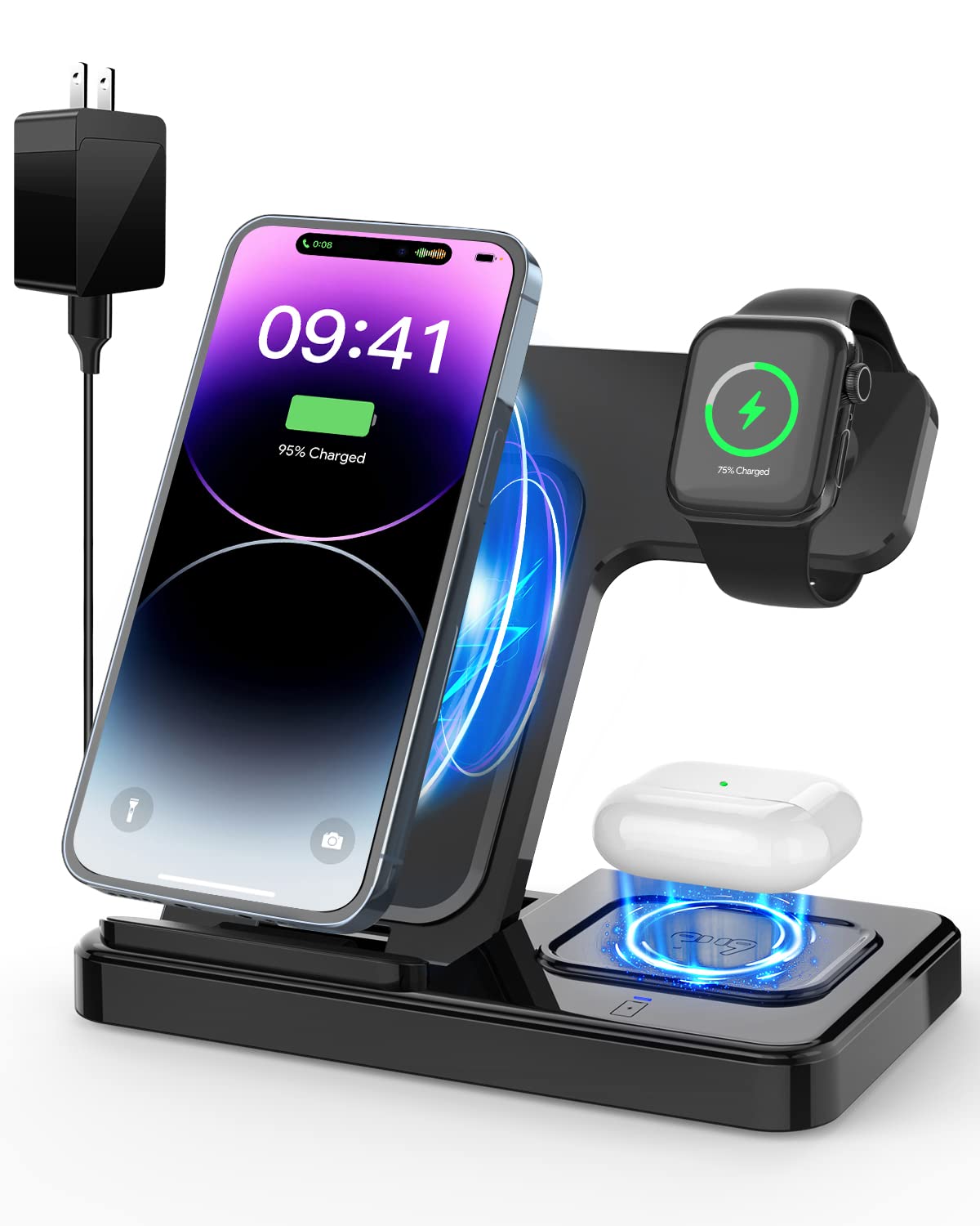 Wireless Charger for iPhone Charging Station: 3 in1 Charger Stand Foldable for Multiple Devices Apple-iPhone Series Apple Watch Airpods (Black)