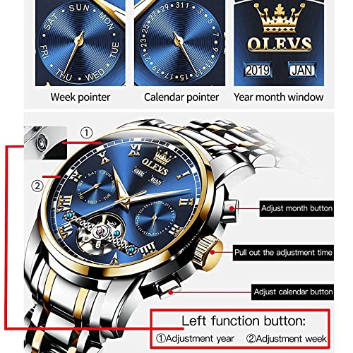 Mens Watches OLEVS Watch Men Automatic Watches for Men Tourbillon Self Winding Skeleton Watch for Men,Men's Wrist Watches Luxury Dress Waterproof Mens Watch Blue Dial Mechanical Watch Day Date,reloj para hombre