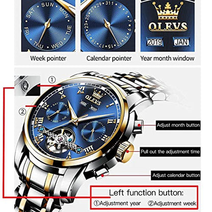 Mens Watches OLEVS Watch Men Automatic Watches for Men Tourbillon Self Winding Skeleton Watch for Men,Men's Wrist Watches Luxury Dress Waterproof Mens Watch Blue Dial Mechanical Watch Day Date,reloj para hombre