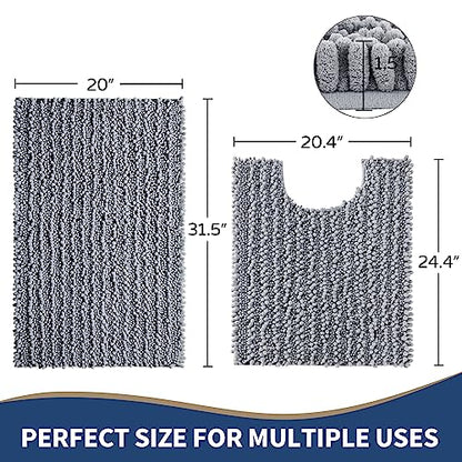 Yimobra Luxury Bathroom Rugs Sets 2 Piece, Soft U-Shaped Contour Toilet Rug and Fluffy Chenille Bath Rug, Non-Slip Absorbent Bath Floor Mat Carpet Set, Machine Washable, 31x20+24x20 Inch Grey