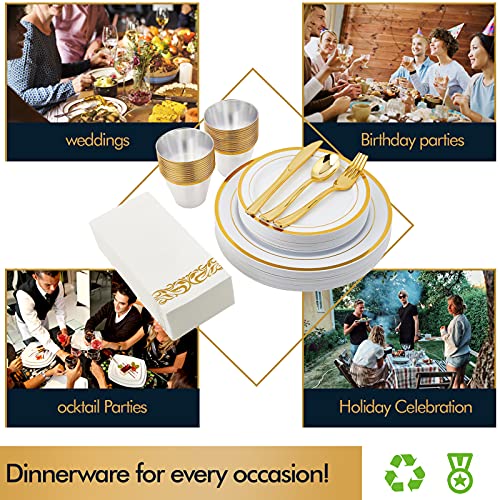 Vplus 175PCS White and Gold Disposable Dinnerware Sets for Wedding Party 25 Guests 25 Dinner Gold Plastic Plates 25 Dessert Plates & 25 Gold Paper Napkins & 25 Gold Plastic Silverware Set