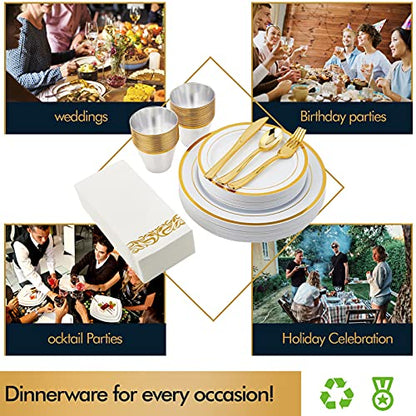 Vplus 175PCS White and Gold Disposable Dinnerware Sets for Wedding Party 25 Guests 25 Dinner Gold Plastic Plates 25 Dessert Plates & 25 Gold Paper Napkins & 25 Gold Plastic Silverware Set