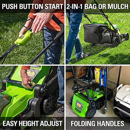 Greenworks 48V 17" Brushless Cordless Lawn Mower + 24V Brushless Drill / Driver, (2) 4.0Ah USB Batteries (USB Hub) and Dual Port Rapid Charger Included (2 x 24V)