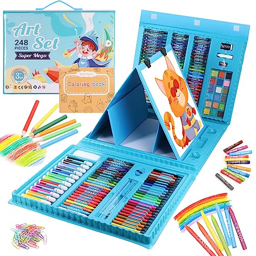 Art Supplies 248 Pieces, Girls Boys Teen Artist Drawing Art Kit, Arts and Crafts Gift, Art Set Box with Reversible Tri-Fold Easel, A4 Paper, Coloring Book, Oil Pastels, Crayons, Colored Pencils, Bule