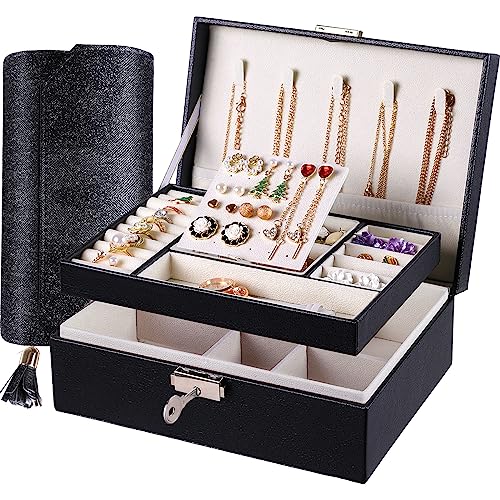 Pretty Comy Jewelry Boxes for Women, Small Travel Jewelry Organizer, 2 Layers Large Jewelry Organizer, PU Leather Display Jewellery Holder with Removable Tray for Necklace Earrings Rings Bracelets…