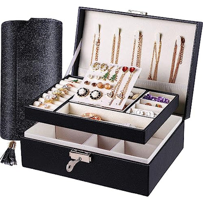 Pretty Comy Jewelry Boxes for Women, Small Travel Jewelry Organizer, 2 Layers Large Jewelry Organizer, PU Leather Display Jewellery Holder with Removable Tray for Necklace Earrings Rings Bracelets…