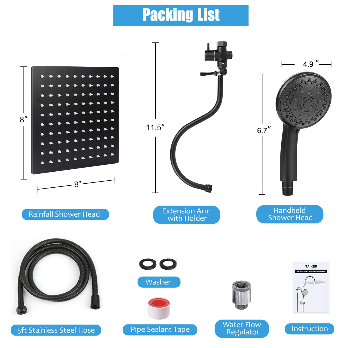 Taiker Shower Head, 8 Inch High Pressure Rainfall Shower Head/Handheld Showerhead Combo with 11.5 Inch Adjustable Curved Arm, Anti-leak Shower Head with Holder/Hose, Flow Regulator, Chrome (Black)