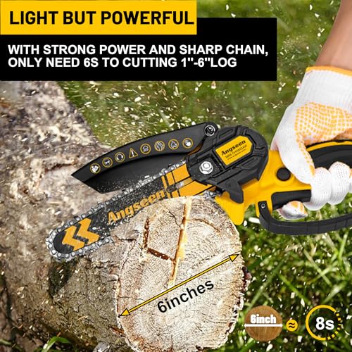 Mini Chainsaw Cordless 6 Inch, Electric Chainsaw Chain Saw Battery Powered, Small Hand Chainsaw With 2 2.0Ah Battery and 2 Super Chains for Tree Trimming, Branches, Wood Cutting (2023 Upgrade)