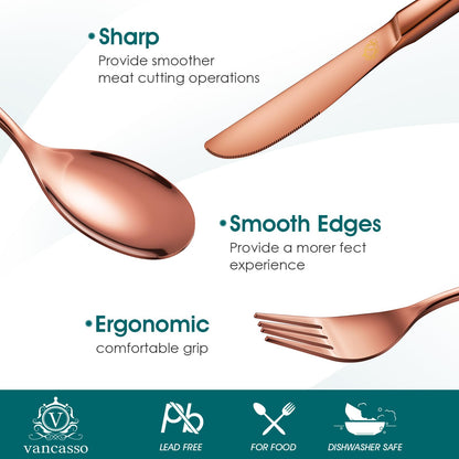 vancasso Silverware Set for 6, 30 Piece Stainless Steel Cutlery Set Rose Gold, Flatware Set Includes Forks Spoons Knives, Mirror Polished, for Fancy Kitchen Home Restaurant Party, with Gift Box