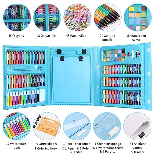 Art Supplies 248 Pieces, Girls Boys Teen Artist Drawing Art Kit, Arts and Crafts Gift, Art Set Box with Reversible Tri-Fold Easel, A4 Paper, Coloring Book, Oil Pastels, Crayons, Colored Pencils, Bule