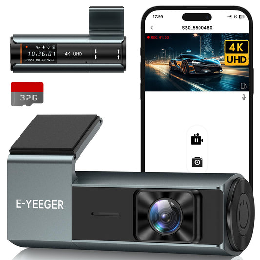 E-YEEGER Dash Cam Front 4K: Mini Dash Cams for Cars, 2160P Car Camera with Free 32GB Card, WiFi Dash Camera with APP, WDR Night Vision, 24 Hours Parking Monitor Dashcams, G-Sensor, Support 256GB Max