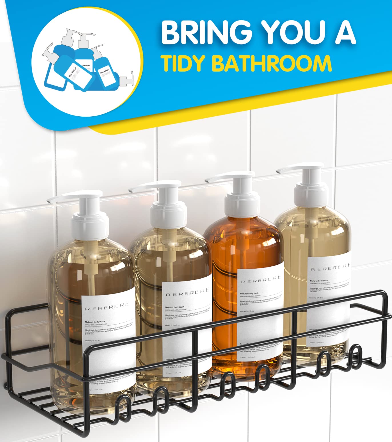 Coraje Adhesive Bathroom Caddy, [2-Pack] Large Capacity Rustproof Metal Shelves, Organizer for Shower Essentials, Black
