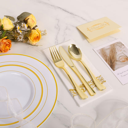 Oridom 350 Pieces Gold Disposable Plates Set for 50 Guests, Gold Rim Plastic Plates for Party, Include 50 Dinner Plates, 50 Dessert Plates, 50 Paper Napkins, 50 Cups, 50 Gold Silverware Set
