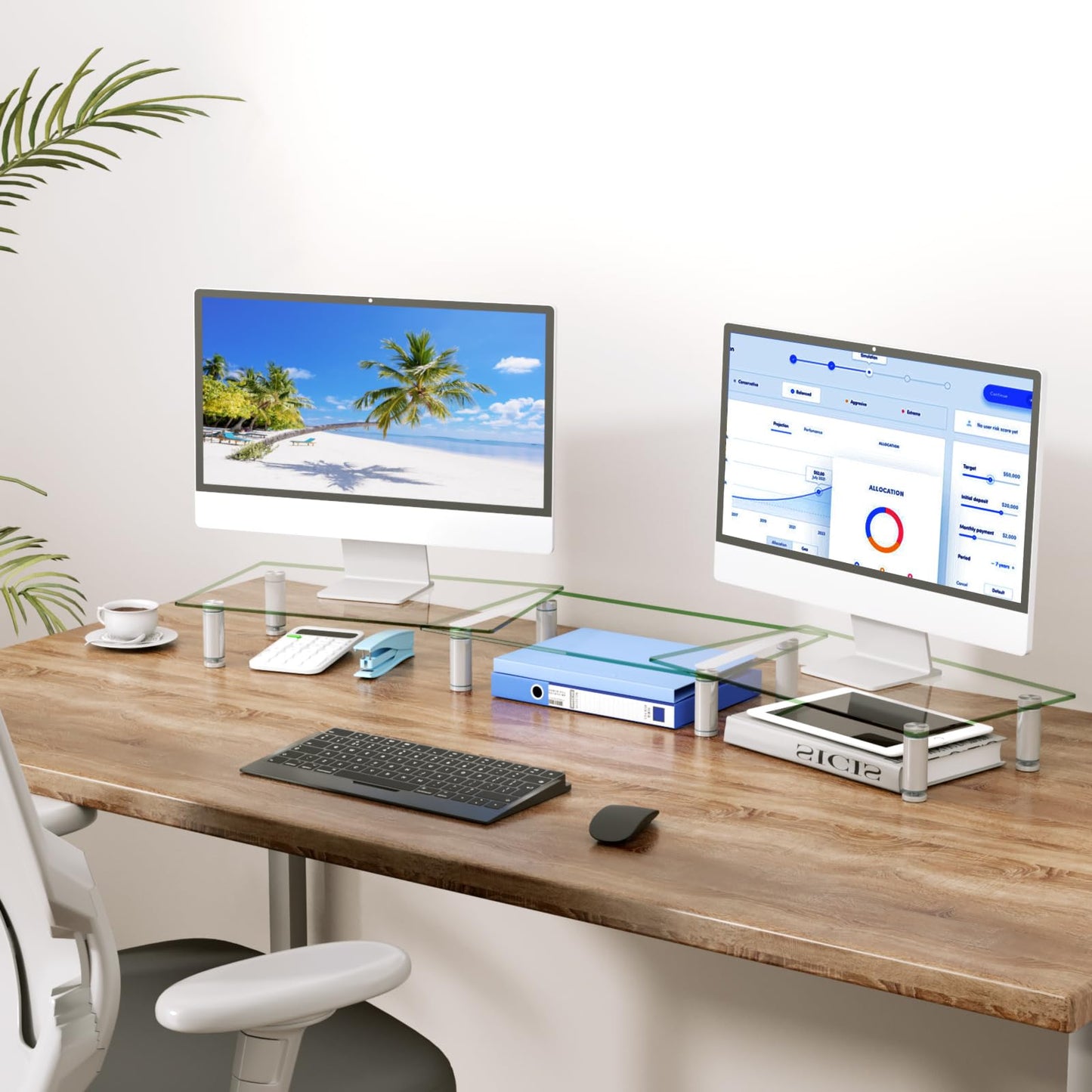 WALI Dual Monitor Stand, Computer Monitor Stand Adjustable Length and Angle Dual Monitor Riser, Desktop Organizer, Monitor Stand Riser for PC, Computer, Laptop (GTT007), Clear