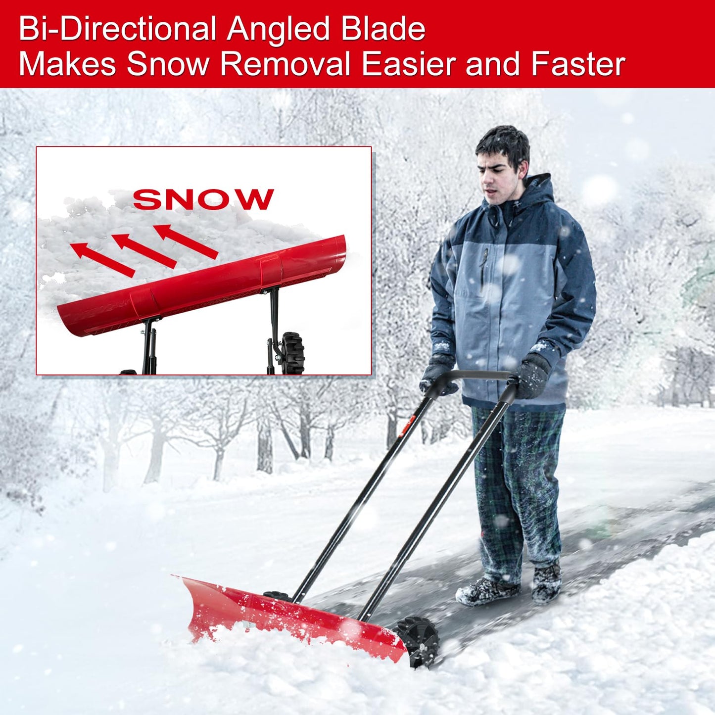 38 Inch Snow Shovel for Driveway, Brewin SnowPro Bi-Direction Heavy Duty Snow Pusher with Wheels and Angled Blade for Efficient Snow Removal, Back Saver Snow Plow for Dorway Sidewalk - Big Wheels