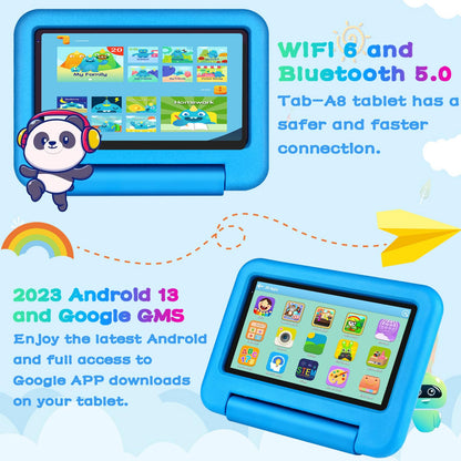 Oangcc Kids Tablet 7 Inch FHD Android 13 Children's Tablet, Wi-Fi 6, Bluetooth 5.0, 7GB RAM+ 64GB ROM (TF 512GB/1TB) | 3500mAh | 1024 x 600 Pixels | Child Proof Eva Case Tablet - Blue