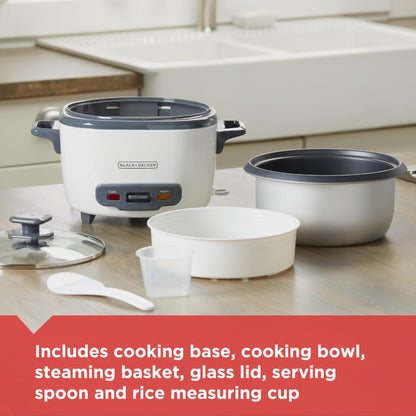 BLACK+DECKER Rice Cooker 3 Cups Cooked (1.5 Cups Uncooked) with Steaming Basket, Removable Non-Stick Bowl, White