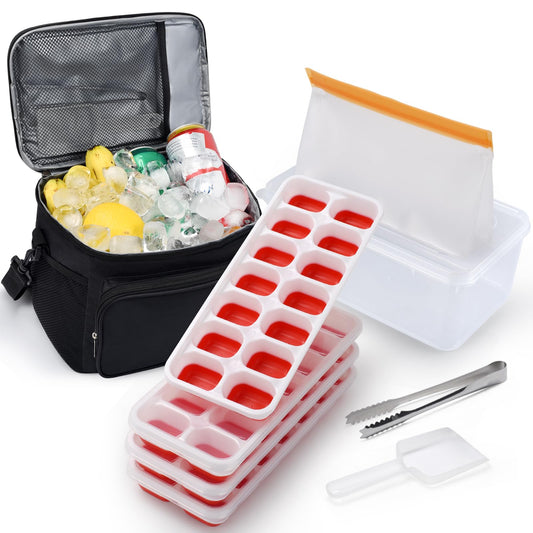 Aibirui Ice Cube Tray with Lid and Bin (14X4 Pcs), Silicone Ice Cube Trays for Freezer, Cooler Lunch Bag, Ice Cube Molds with Cooler Bag for Drinks, Ice Coffee, Outdoor Camping, Car, Beach (Red)