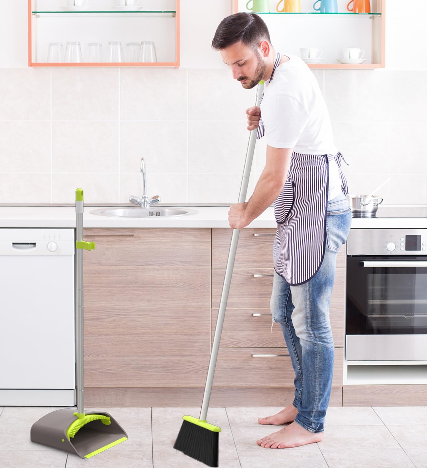 Broom with Dustpan Combo Set, Broom with Stand Up Dustpan, Broom and Dust Pan Set with Long Handle