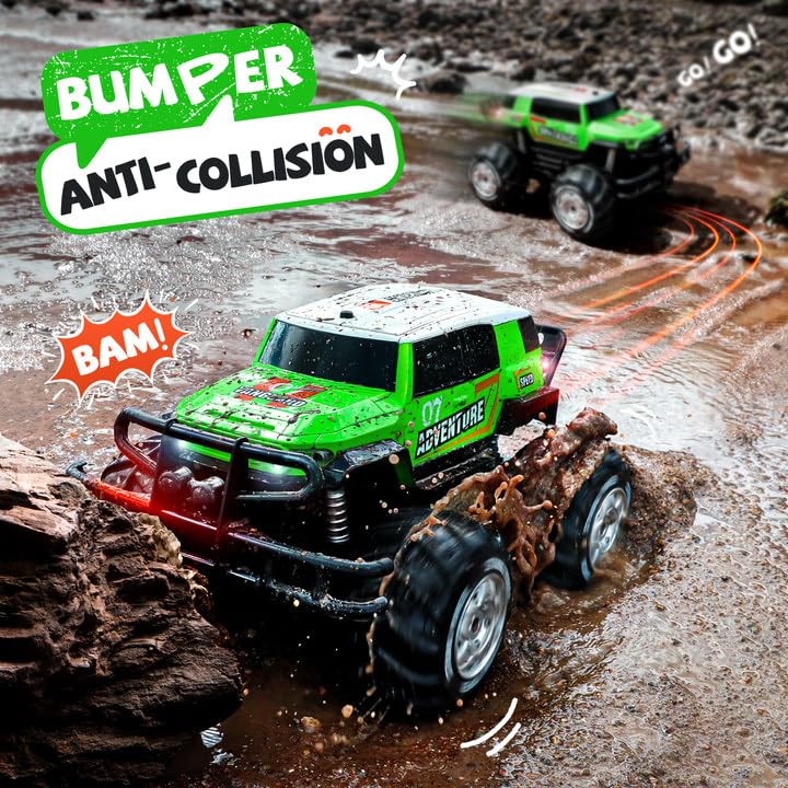 Ruko 1601AMP2 Amphibious RC Truck, 1:10 Scale All Terrains 4WD RC Car, IPX6 Waterproof Monster Truck with Lights, 2 Rechargeable Batteries for 50min Play, Gifts for Kids (Green)
