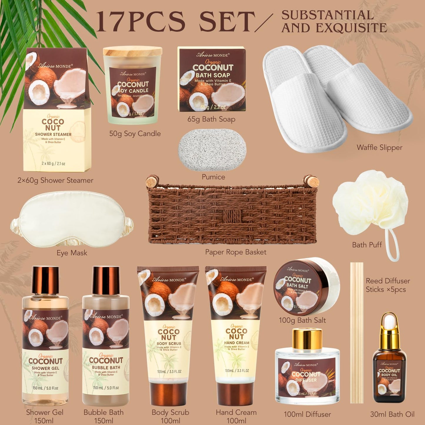 Spa Gift Basket for Women, Coconut Luxury Gift Set with Shower Gel, Bubble Bath, Hand Cream, Bath Soap, Bath Salt, Essential Oil, Luxury Bath and Body Gift Kit for Christmas